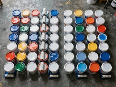 Bird's-eye view of paint buckets and roller trays arranged in rows on a warehouse floor, lids labeled by color code and sheen, overcast warehouse daylight