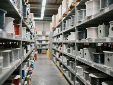 Warehouse aisle of electrical conduit, wire spools, and panel components on organized shelving, labels and gauge specs visible, cool-white overhead fluorescent lighting, stock depth visible in background