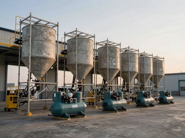 Wide environmental shot of heavy industrial equipment — scaffolding frames, concrete mixers, and compressor units staged on a warehouse dock in organized rows, golden-hour light entering through open bay doors