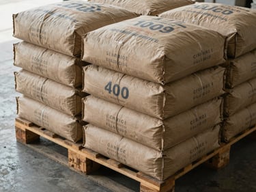 Close-up overhead framing of stacked 40kg cement bags on a pallet, grade markings clearly visible on kraft paper sacks, overcast warehouse daylight, concrete floor beneath