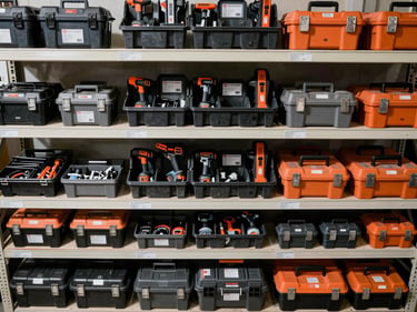 Overhead bird's-eye view of organized hardware tool bins and power tool boxes arranged on warehouse shelving, even shadowless daylight, labels facing outward