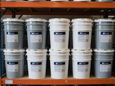 Overhead shot of lined-up paint drum inventory on warehouse shelving — five-gallon buckets in primer gray, white, and pigmented finishes with visible label specs, even overcast warehouse lighting