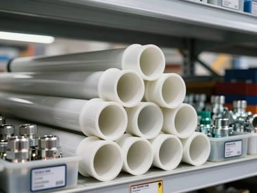 Close-up of PVC and galvanized plumbing pipes organized by diameter on warehouse shelving, fittings and valves in labeled bins beside them, cool-white overhead lighting, industrial shelving environment