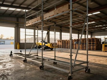 Wide environmental shot of scaffolding frames and industrial lifting equipment staged in an open warehouse bay, golden-hour light through dock doors, organized pallet rows in background