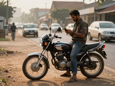 Okada motorcycle waiting at a dusty roadside in Douala, golden hour side-light, rider checking a feature phone, blurred urban traffic in background