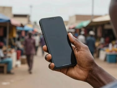 Hands holding a basic smartphone mid-call in a busy open-air market in Dakar, overcast daylight, blurred vendor stalls in background, focus on fingers on screen
