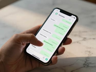 Close-up overhead shot of a hand scrolling a WhatsApp conversation listing hotel rooms in Abidjan, phone screen bright under warm afternoon daylight, marble surface beneath