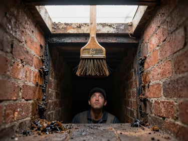Looking up from inside a chimney flue, a technician's brush descending from above, creosote deposits visible on brick walls, soft daylight from the open top