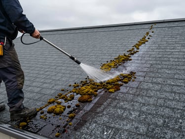 Wide-angle view of a residential roof under soft overcast light, a technician on the left side pressure-washing moss and algae from grey shingles, clean section visible beside the stained area