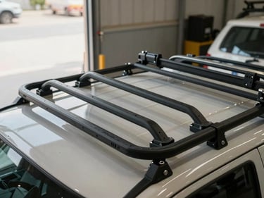 Documentary close-up of vehicle accessories—roof racks, tow bars, and recovery equipment—laid out on a concrete floor in a Dubai warehouse, natural light from roller doors