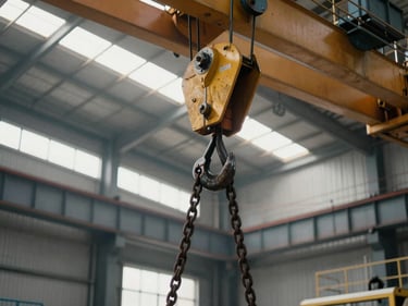 Wide environmental shot of a heavy-duty industrial overhead crane hook and rigging chains hanging in a large factory bay, bright daylight flooding from skylights above, high-contrast steel texture detail