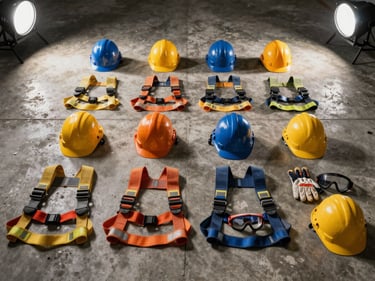Wide environmental shot of industrial safety equipment laid flat on a concrete floor — hard hats, safety harnesses, gloves, and goggles arranged in a precise grid, overhead studio strobe, high contrast shadows