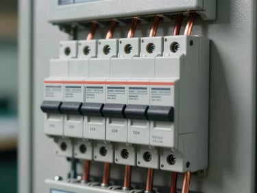 Extreme close-up of industrial electrical switchgear panel with copper busbars and circuit breakers on a neutral gray background, studio strobe lighting, sharp detail on terminals and labeling