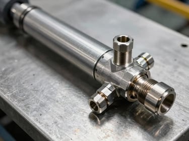 Close-up overhead shot of hydraulic cylinder and stainless steel fittings on a metallic workshop surface, bright daylight studio lighting, sharp focus on threaded connectors and hydraulic hose ends