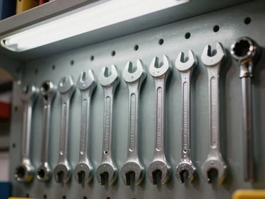 Close-up detail shot of a row of industrial hand tools — torque wrenches, ratchets, and hex key sets on a steel pegboard, bright overhead fluorescent lighting, sharp metallic reflections