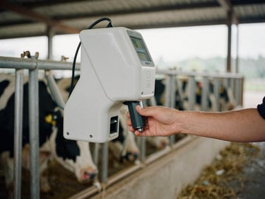 A close-up of an automated milking robot gently operating in a clean, high-tech dairy barn.