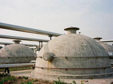 A modern agricultural methanisation facility with concrete domes and stainless steel pipes under soft overcast daylight.
