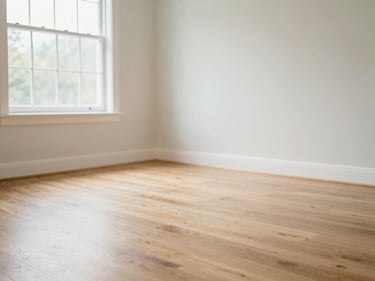Empty, sunlit room with clean hardwood floors and freshly painted white walls, large window, bright natural window light, soft beige and sage green tones, shallow depth of field