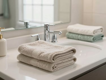 Gleaming white bathroom sink and vanity with a polished chrome faucet, freshly folded towels, soft beige and sage green accents, bright natural window light, shallow depth of field