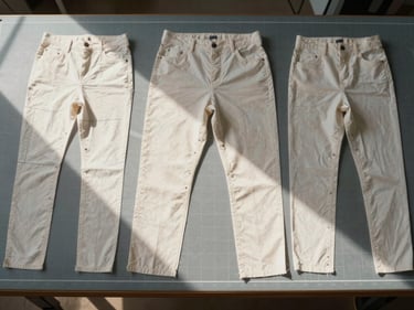 Flat overhead shot of women's trouser pattern pieces laid on a cutting table under even north-facing window light, chalk markings and notches clearly visible, no model