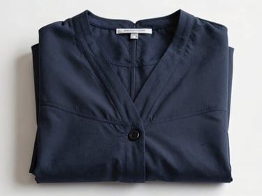Overhead straight-on shot of folded women's corporate workwear uniforms stacked neatly on a white surface under bright flat studio light, seam edges and fabric grain visible, no model