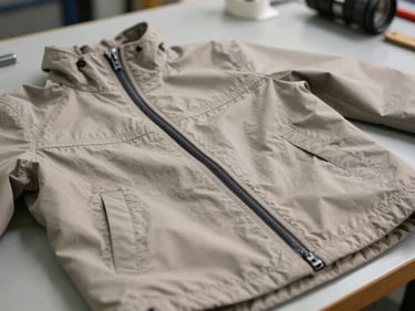 Close-up of a women's outerwear jacket front zipper seam and facing construction on a grey workbench under bright even studio overhead light, no model, stitching in sharp focus