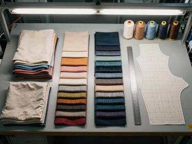 Straight-on flat overhead view of an organized factory workbench: folded fabric swatches sorted by type, a steel ruler, thread spools in a row, and a partial garment pattern laid flat under even overhead fluorescent light, no warmth added, no styling