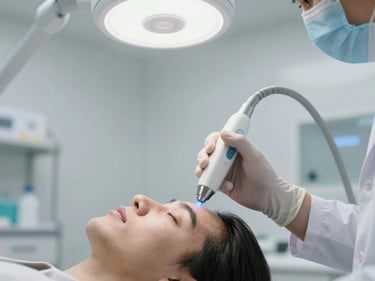Pulsed radiofrequency device handpiece near a patient's face in a clean clinical setting, physician's gloved hand holding the probe, modern white room, cool overhead light