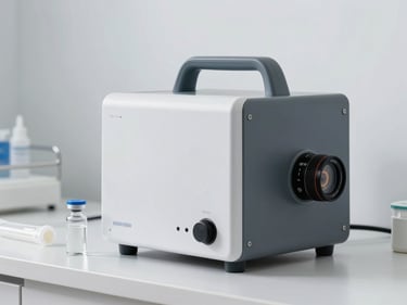 Medical ozone generator device with tubing on a clinical counter, glass vial and sterile supplies visible, cool white LED lighting, clean minimal background