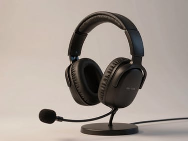 Side-angle studio shot of a gaming headset resting on a minimal stand against a light neutral background, even ambient lighting showing earcup padding and microphone boom detail, no moody atmosphere