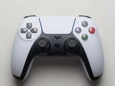Overhead studio shot of a gaming controller placed flat on a neutral surface, clinical even lighting showing face buttons and grip texture in full detail, no background distractions