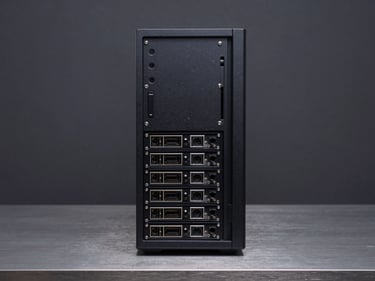Front-angle studio shot of a full-tower workstation PC on a steel-gray surface under flat ambient lighting, showing front panel connectors and drive bays, charcoal background
