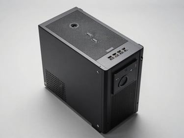 Overhead studio shot of a compact mid-tower desktop PC on a flat neutral surface, even white lighting, no shadows, showing top panel mesh and I/O ports clearly