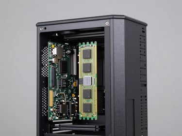 Close-up three-quarter view of a tower workstation with side panel removed showing installed RAM and motherboard, flat studio lighting on neutral gray background, sharp product detail