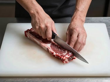 Tight overhead shot of a butcher's knife making a precise cut through a beef loin on a clean white cutting board under consistent overhead studio lighting, no styling props