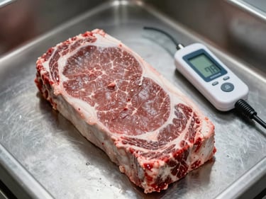 Close-up overhead shot of a fresh beef primal being received on a stainless steel intake surface, a digital temperature probe resting beside it, cool studio lighting, no warm cast