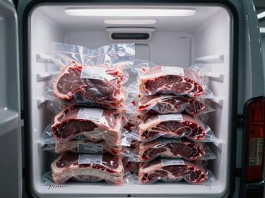 Straight-on shot of sealed and labeled vacuum-pack meat cuts stacked inside an open refrigerated delivery vehicle, cool interior lighting, clean white walls, no people