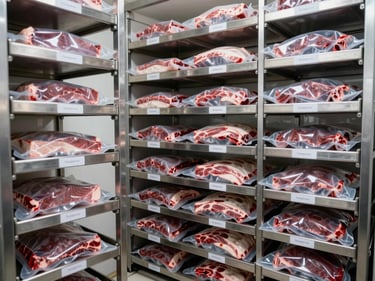 Wide shot of organized refrigerated storage racks holding vacuum-sealed meat cuts, uniform labels visible, cold white lighting illuminating clean stainless shelving, no people