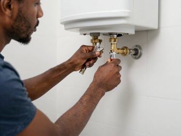 Tight shot of a plumber's hands connecting copper pipe fittings beneath a kitchen sink, natural light from an adjacent window, tools laid out on a work cloth below
