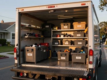 Wide shot of an organized Mesa service truck bed with tools and supply bins arranged in labeled compartments, golden morning light across the truck side, residential street visible behind