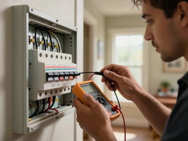 Close-up of an electrician's hands testing a breaker panel with a multimeter, panel door open, warm natural light from a hallway window, Mesa residential home interior