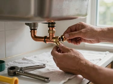 Tight shot of a plumber's hands connecting copper pipe fittings beneath a kitchen sink, natural light from an adjacent window, tools laid out on a work cloth below