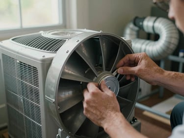 Close-up of hands adjusting a residential air handler blower assembly, natural daylight from a nearby window, ductwork visible in the background, Mesa home utility closet