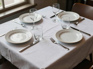 Overhead shot of a restaurant table set for service, ceramic dishes and glassware on a linen cloth, daylight from a nearby window, no people visible, functional and clean