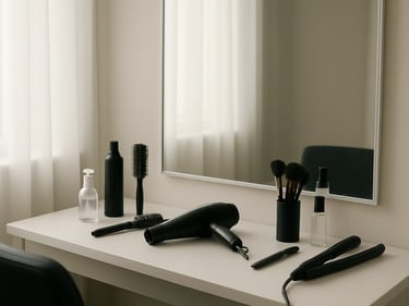 Wide shot of a beauty salon station, mirror and tools arranged on a white counter under diffused window light, clean and minimal, no staff or clients visible