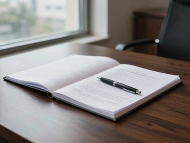 Wide shot of a legal office desk, open document folder and pen resting on dark wood surface, overcast daylight through a window to the left, no faces shown