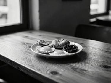 Minimalist table setting with a plate of gourmet breakfast, warm natural light filtering through windows, soft shadows, warm wood texture, high-contrast monochrome, 35mm lens