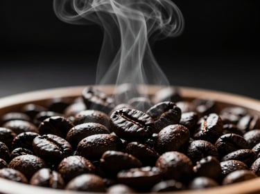 Tight macro shot of coffee extraction, dark roasted beans, steam rising, high-contrast side-lighting, deep blacks, crisp whites, warm wood accents, 35mm lens