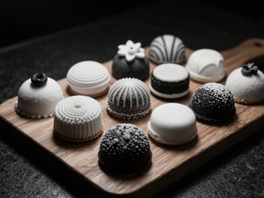 Artfully arranged selection of monochrome-themed pastries and desserts on a wooden board, moody lighting, strong shadows, 35mm lens