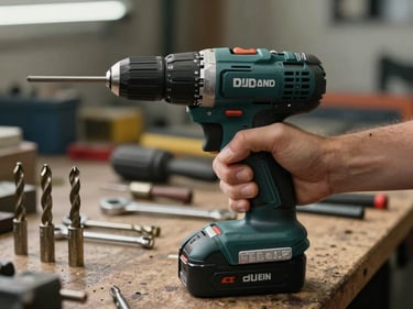 Close-up of a hand gripping a professional cordless drill on a workbench in a warehouse setting, drill bits and wrenches arranged beside it, even fill light from above, ready-to-deploy feel, no people faces